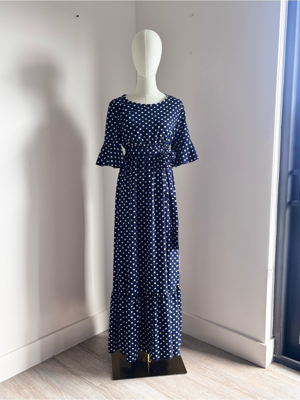 orange creek Navy Polka Dot Maxi Dress with Tie Waist